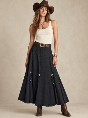 Vintage 80s Circle T Western Black Midi Skirt with Silver-Tone Concho Hardware